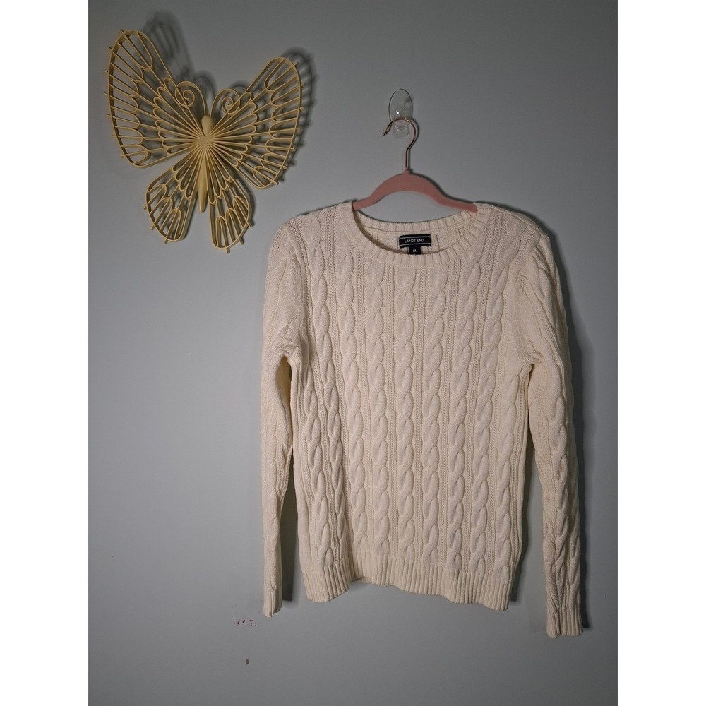 Lands End Drifter Cable Knit Sweater Womens Medium Ivory Cream Cotton Pullover